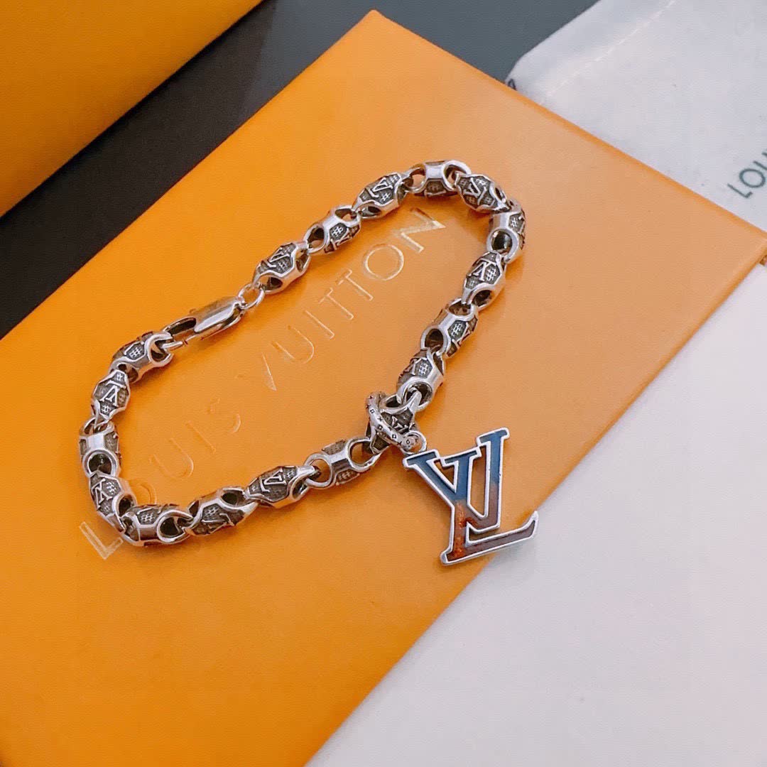 Louis Vuitton Silver Bracelet with LV Logo Charm